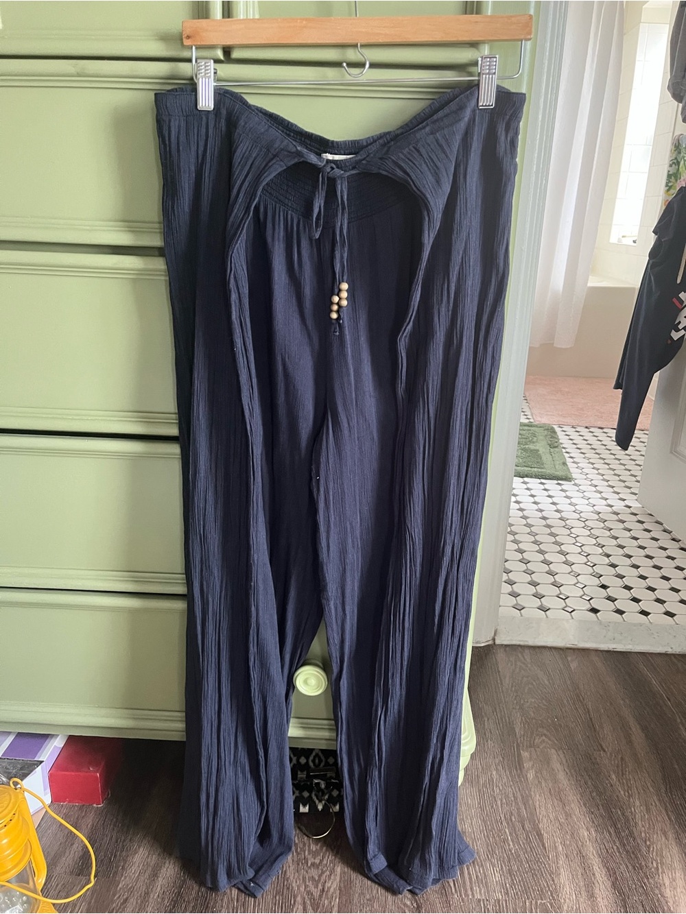 Ralph Lauren Navy Wide-Leg Tie-Front Pants with Bead Detail